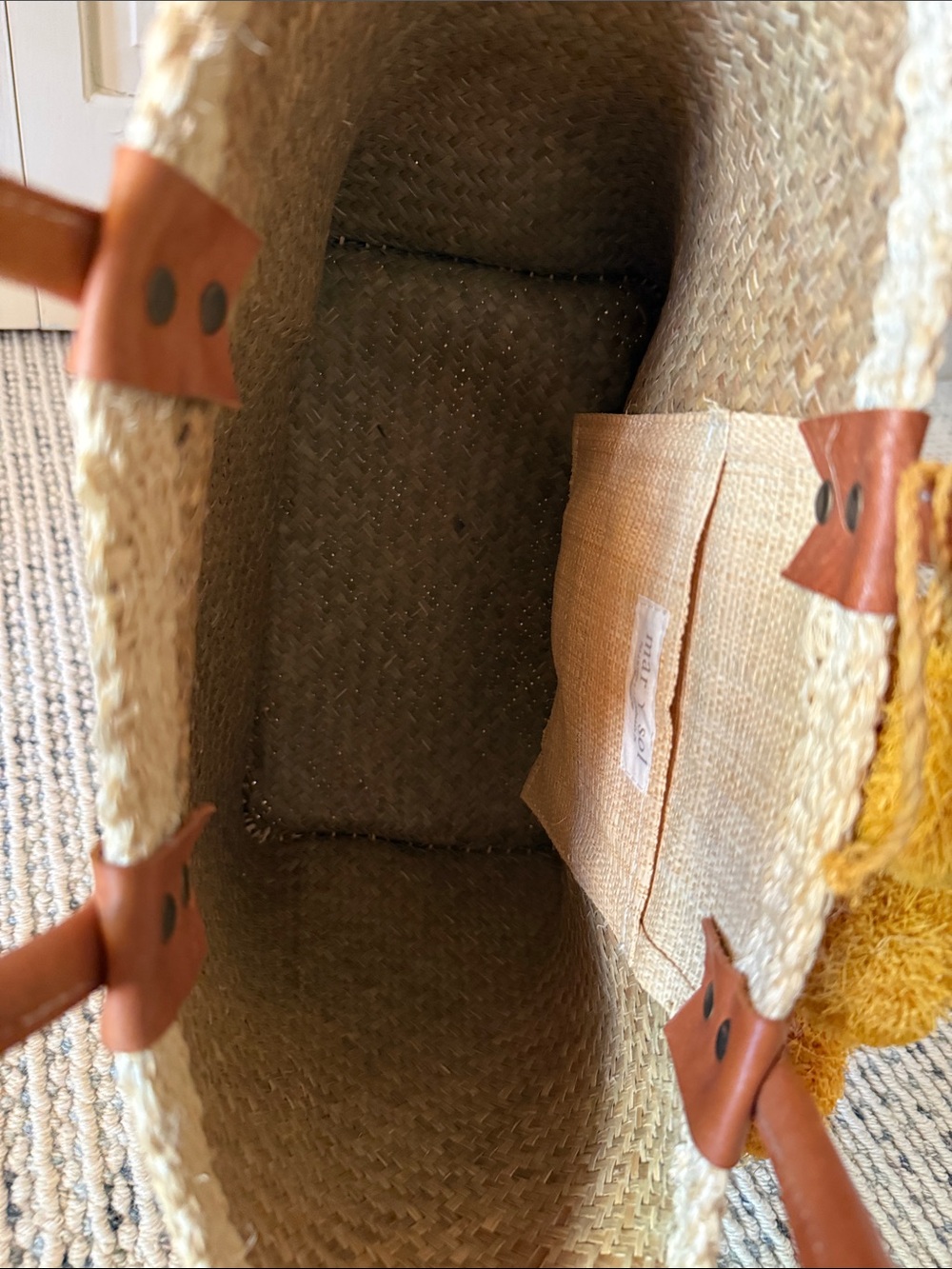 Mar Y Sol Woven Straw Tote with yellow Stripe and Pom Pom Accents - Picture 3 of 5